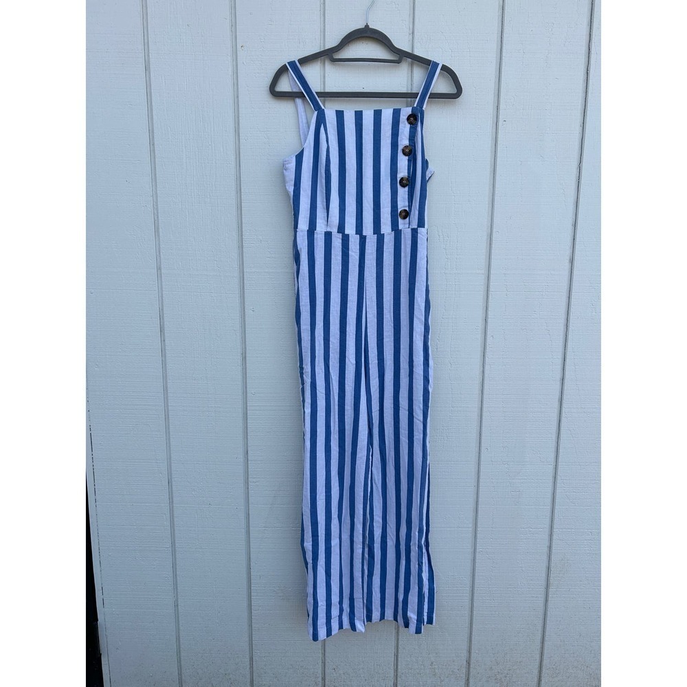 C & C California Blue‎ Striped Sleeveless Jumpsuit, Button Details, Lined, Sz S